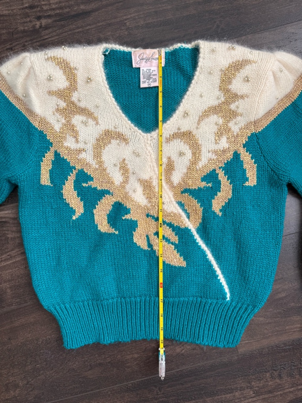 Vintage Jacklyn Smith Beaded Angora Sweater Teal Gold Fits S - Picture 8 of 11